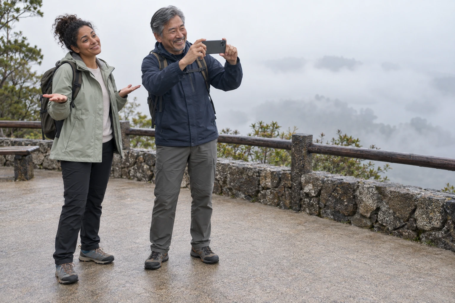At a misty viewpoint, one friend gives a small shrug while the other gets a phone ready for a keepsake photo.
